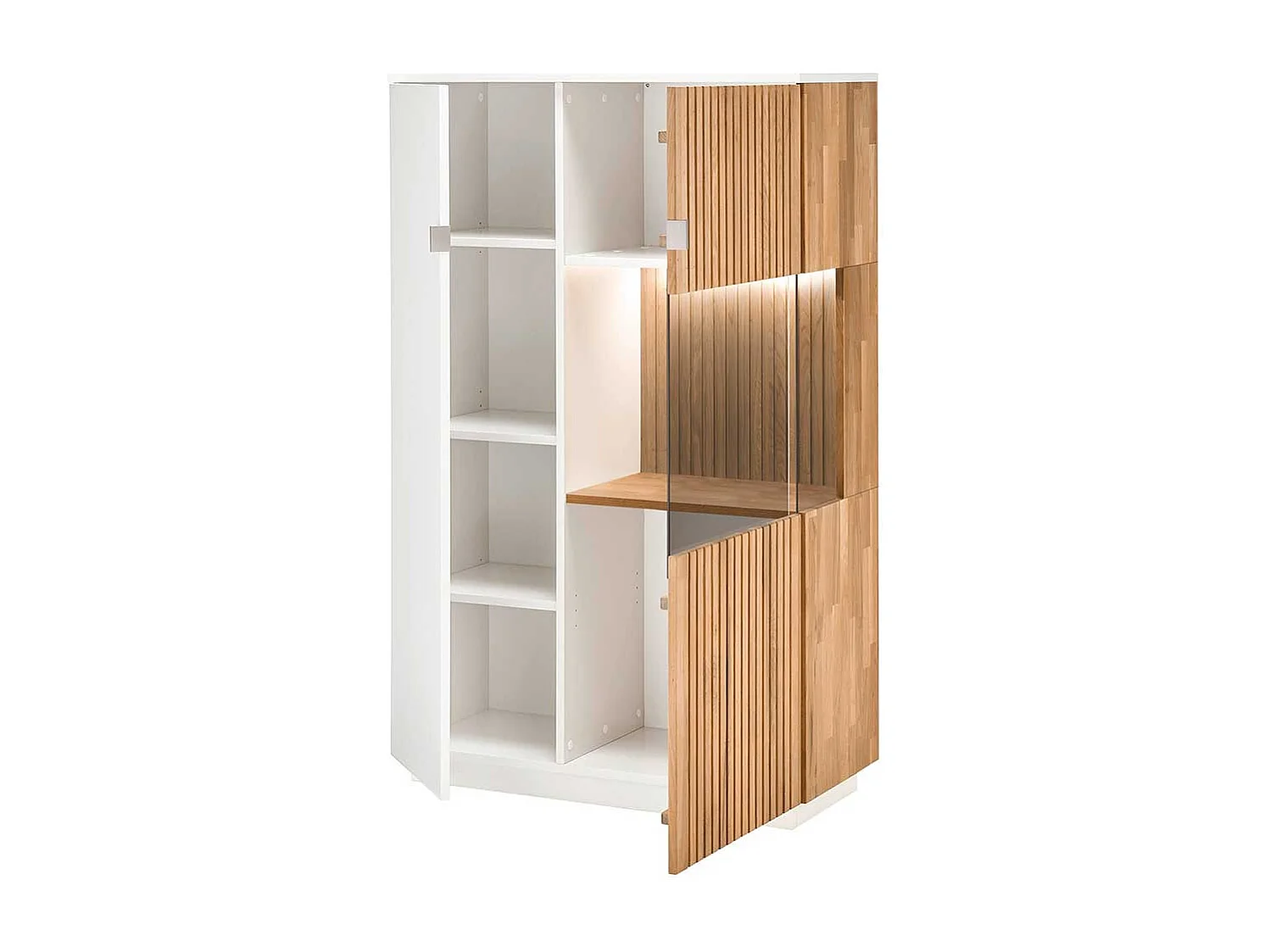 Vitrine mit Glastür rechts in Eiche Bianco und Weiß LED Beleuchtung