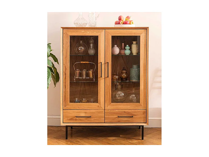 Wohnzimmer Vitrinenschrank massiv aus Wildeiche zwei Schubladen