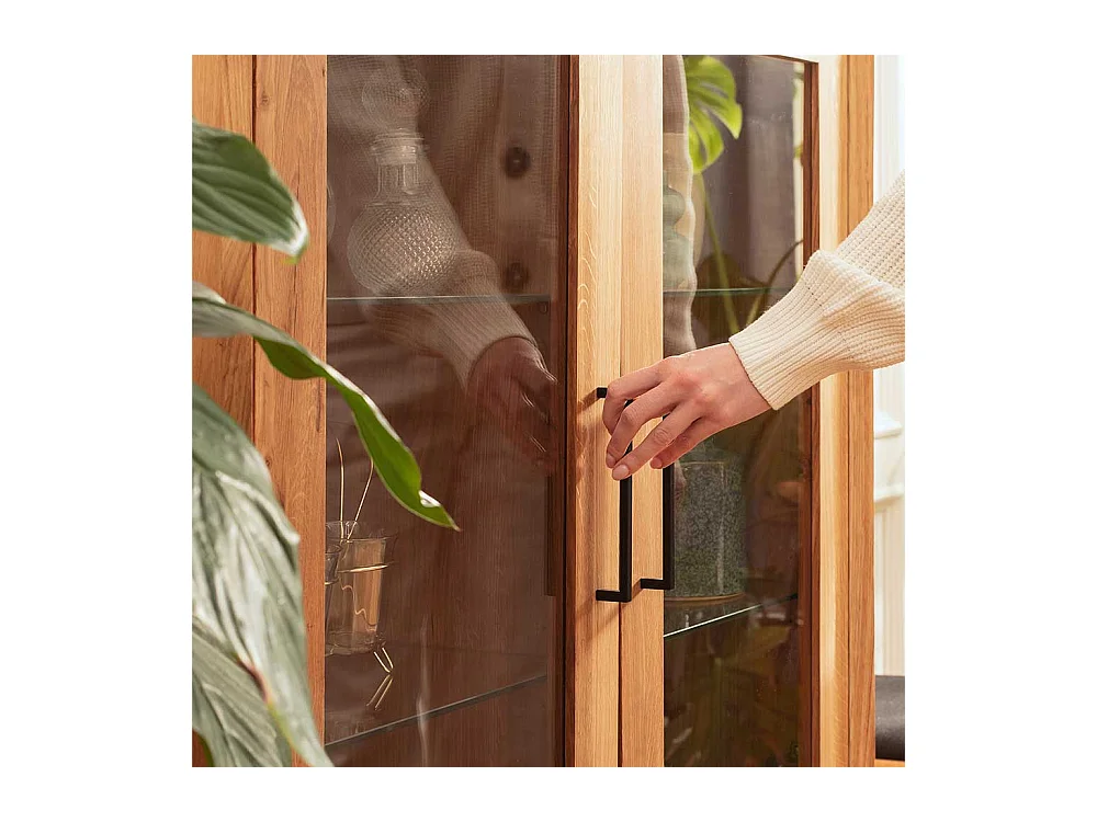 Wohnzimmer Vitrinenschrank massiv aus Wildeiche zwei Schubladen