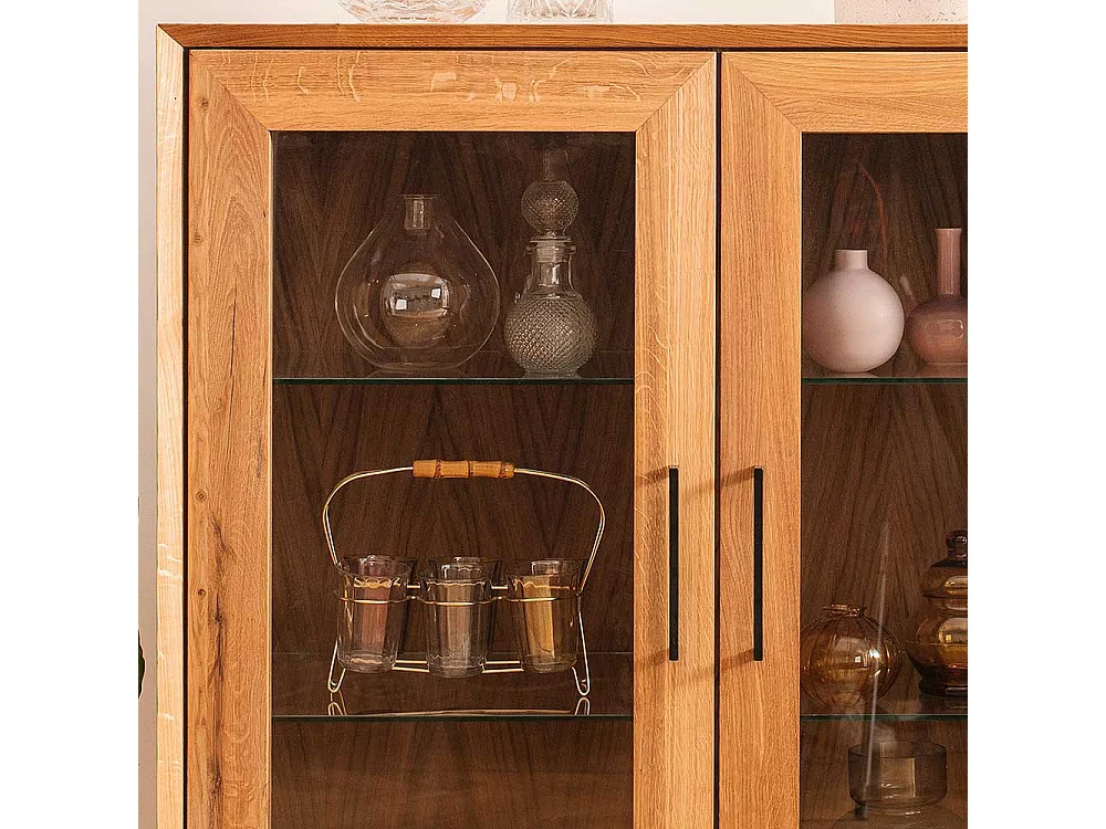 Wohnzimmer Vitrinenschrank massiv aus Wildeiche zwei Schubladen