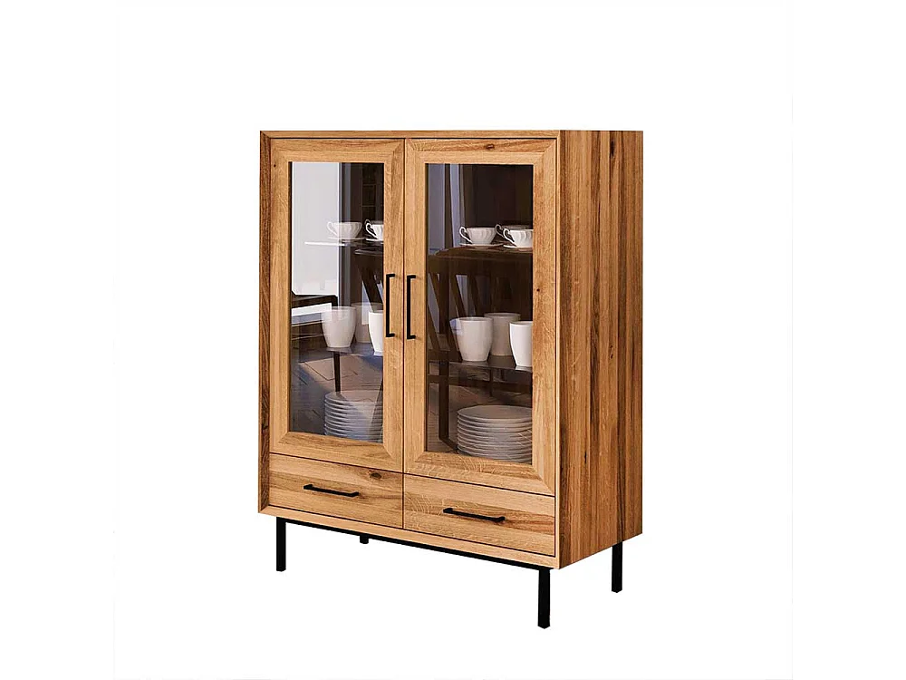 Wohnzimmer Vitrinenschrank massiv aus Wildeiche zwei Schubladen