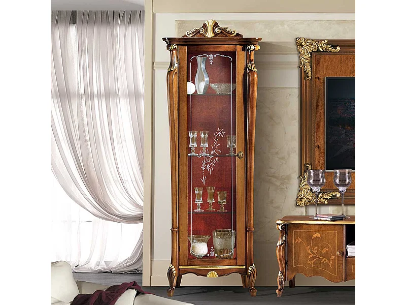 Vitrinenschrank in Nussbaumfarben und Dunkelrot 70 cm breit