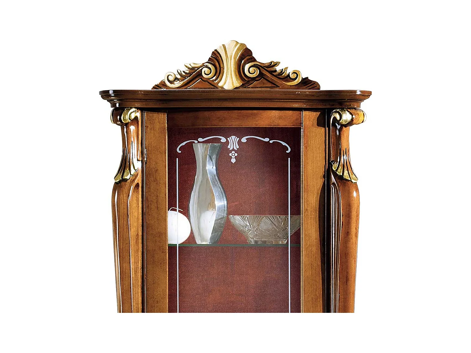 Vitrinenschrank in Nussbaumfarben und Dunkelrot 70 cm breit