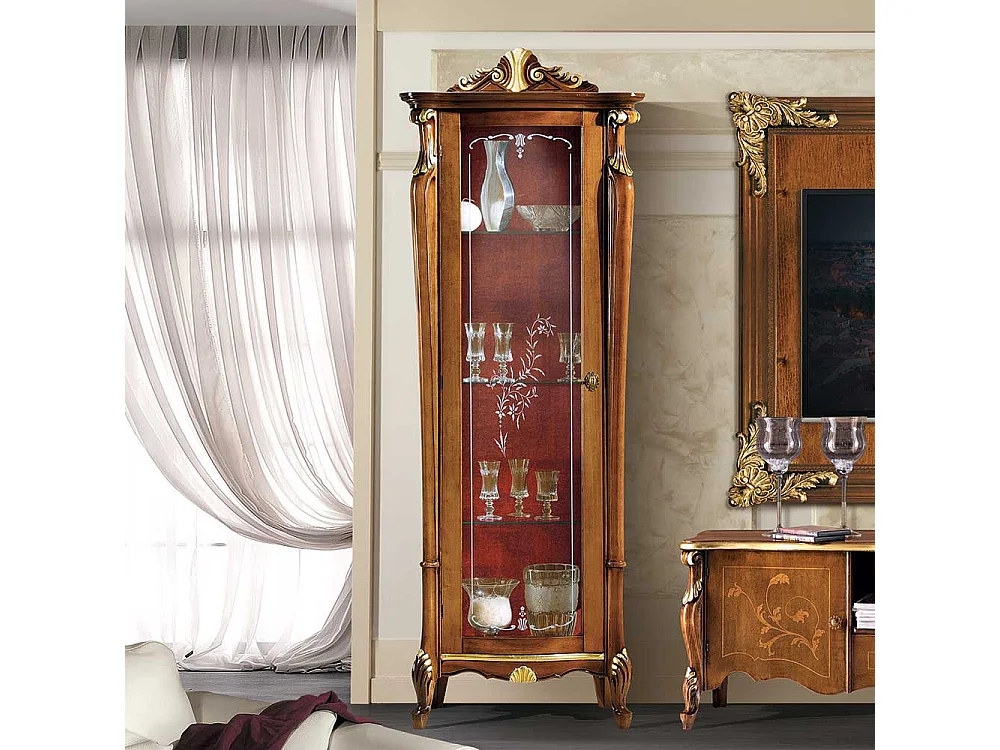 Vitrinenschrank in Nussbaumfarben und Dunkelrot 70 cm breit