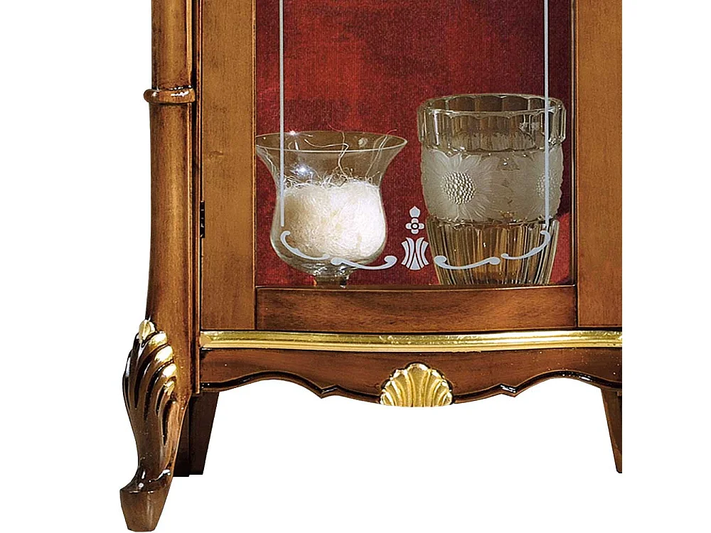 Vitrinenschrank in Nussbaumfarben und Dunkelrot 70 cm breit