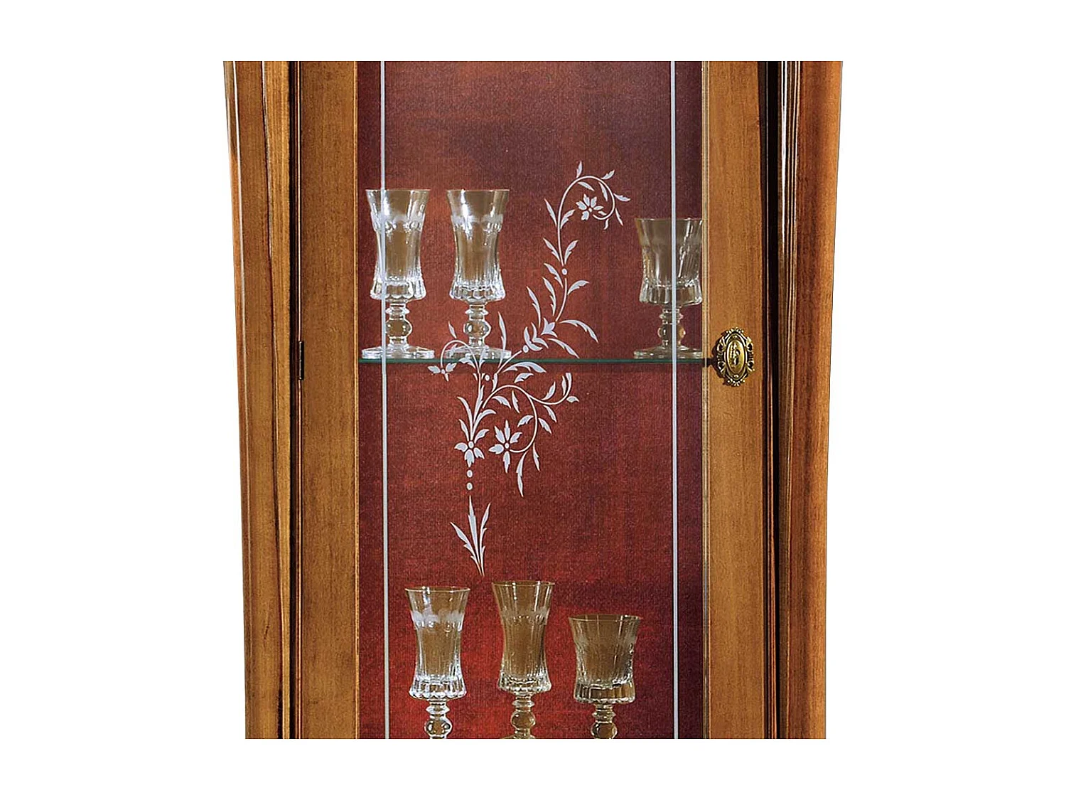 Vitrinenschrank in Nussbaumfarben und Dunkelrot 70 cm breit