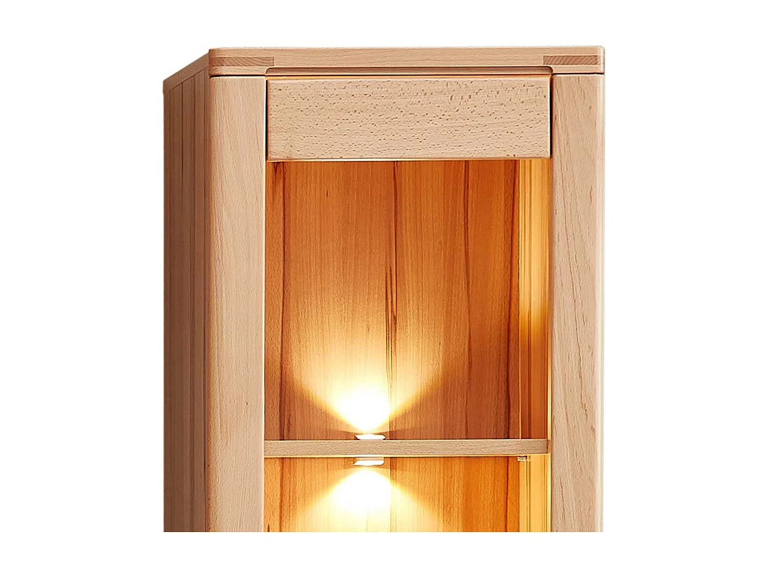 Vitrinenschrank in Kernbuchefarben teilmassiv LED Beleuchtung