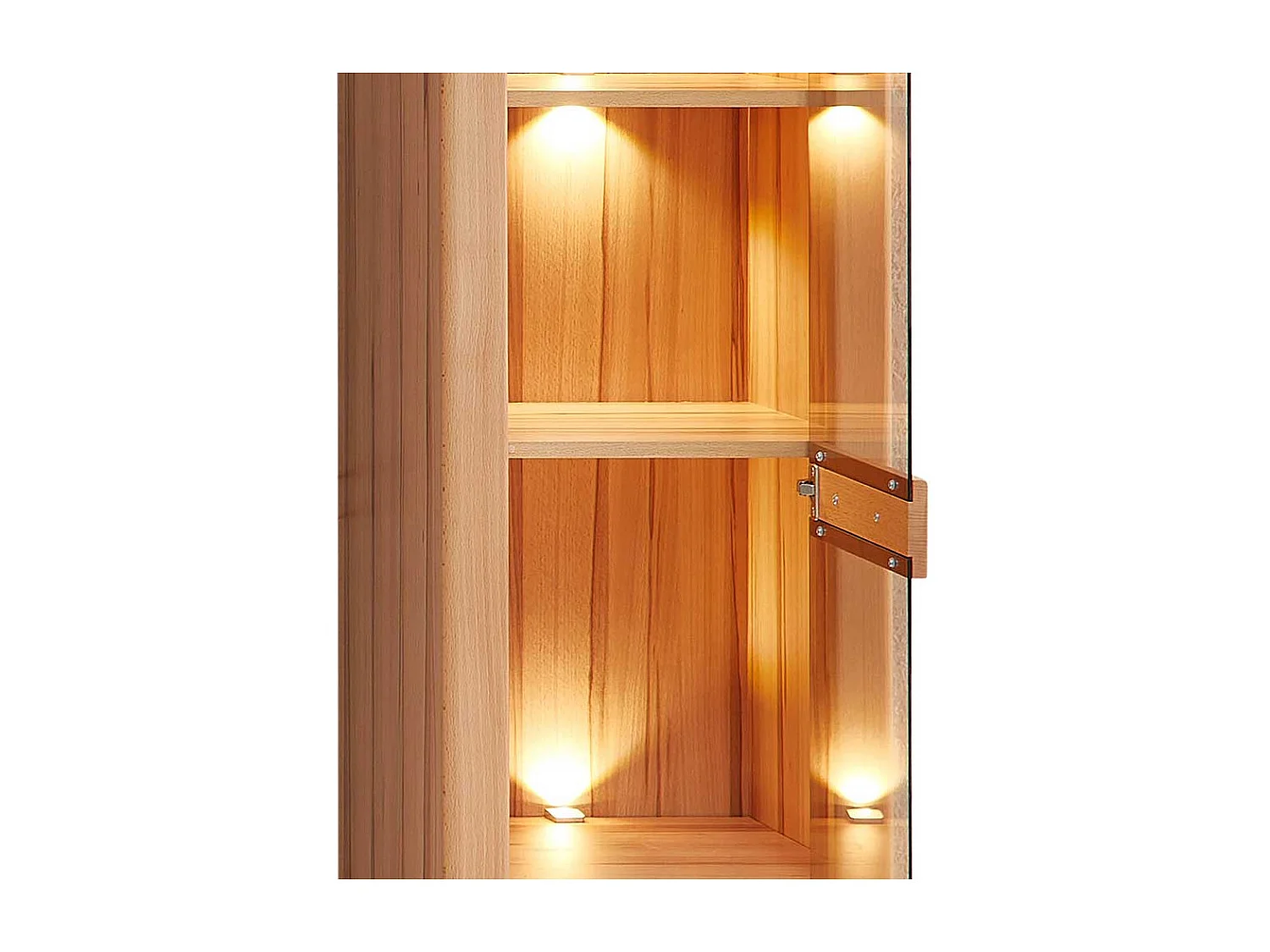 Vitrinenschrank in Kernbuchefarben teilmassiv LED Beleuchtung