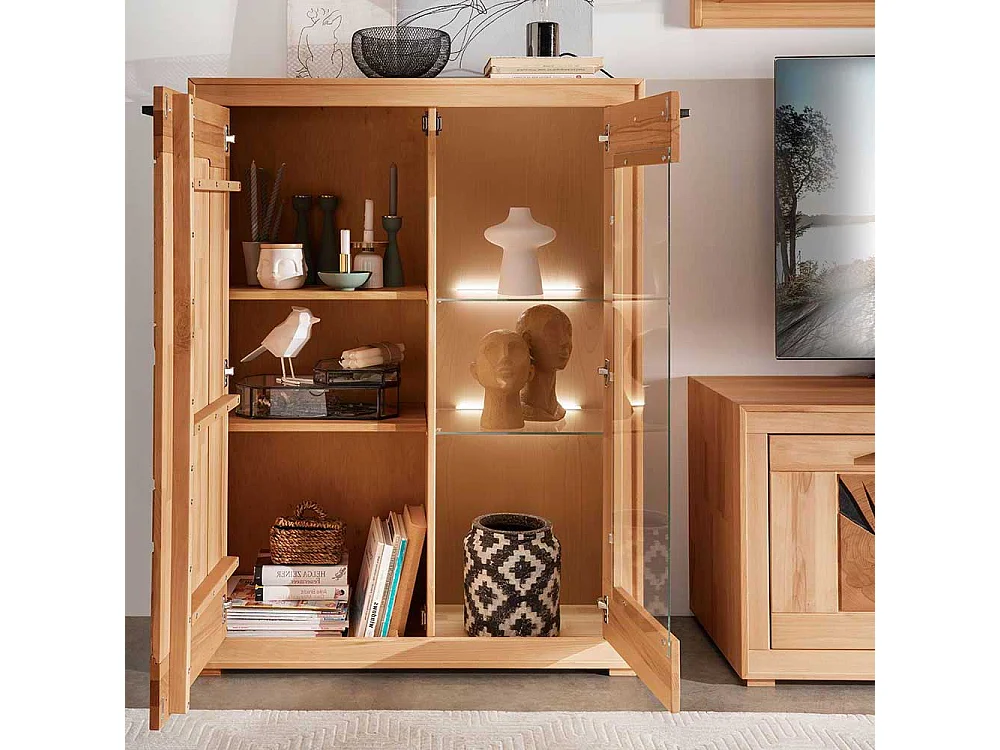 Wohnzimmer Vitrinenschrank massiv aus Kernbuche 135 cm hoch