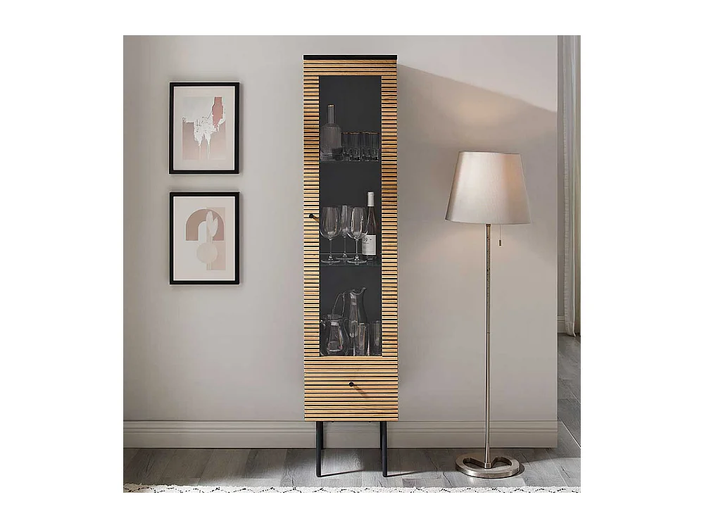 Schrank Vitrine schmal im Skandi Design einer Schublade