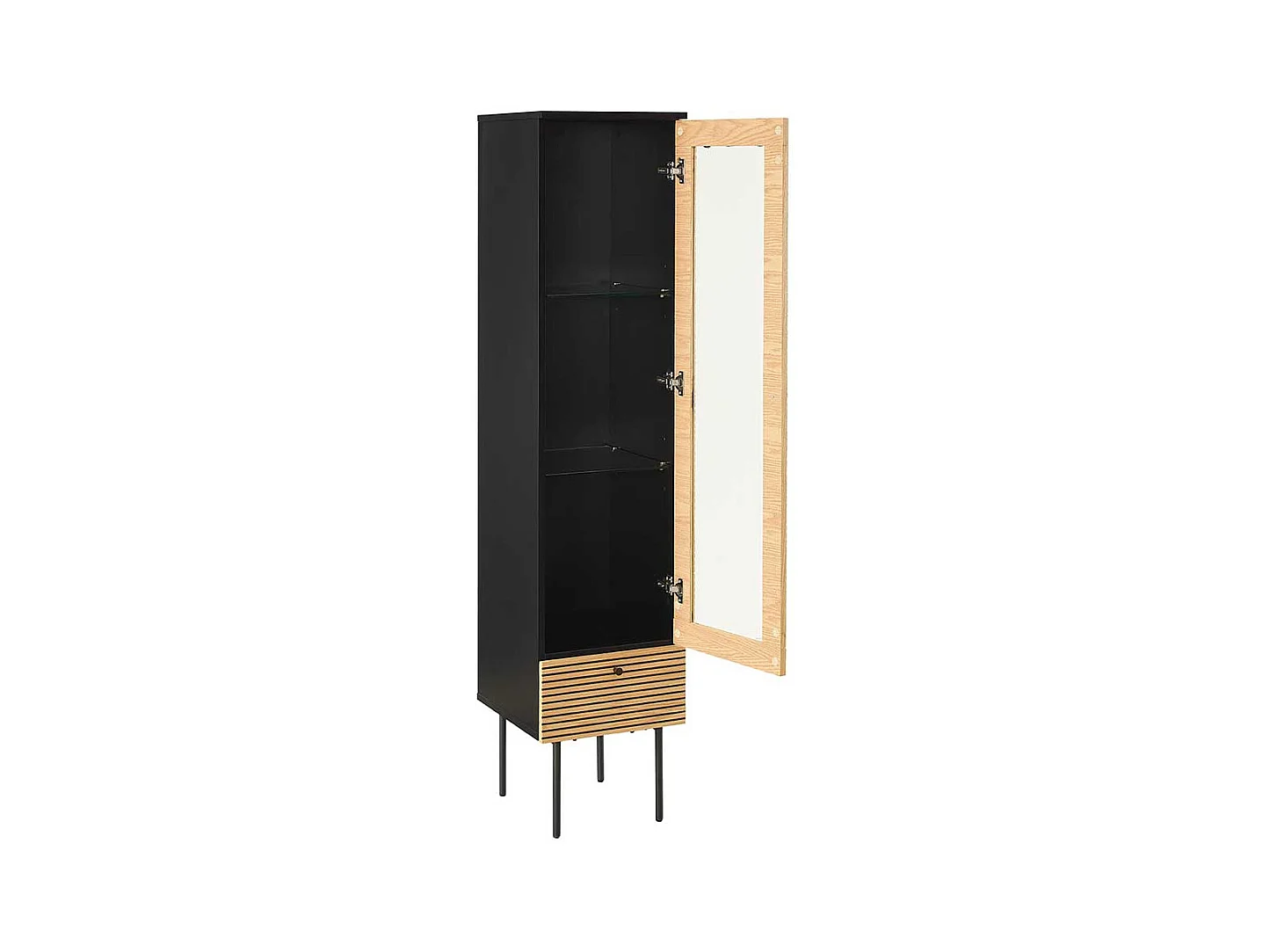 Schrank Vitrine schmal im Skandi Design einer Schublade