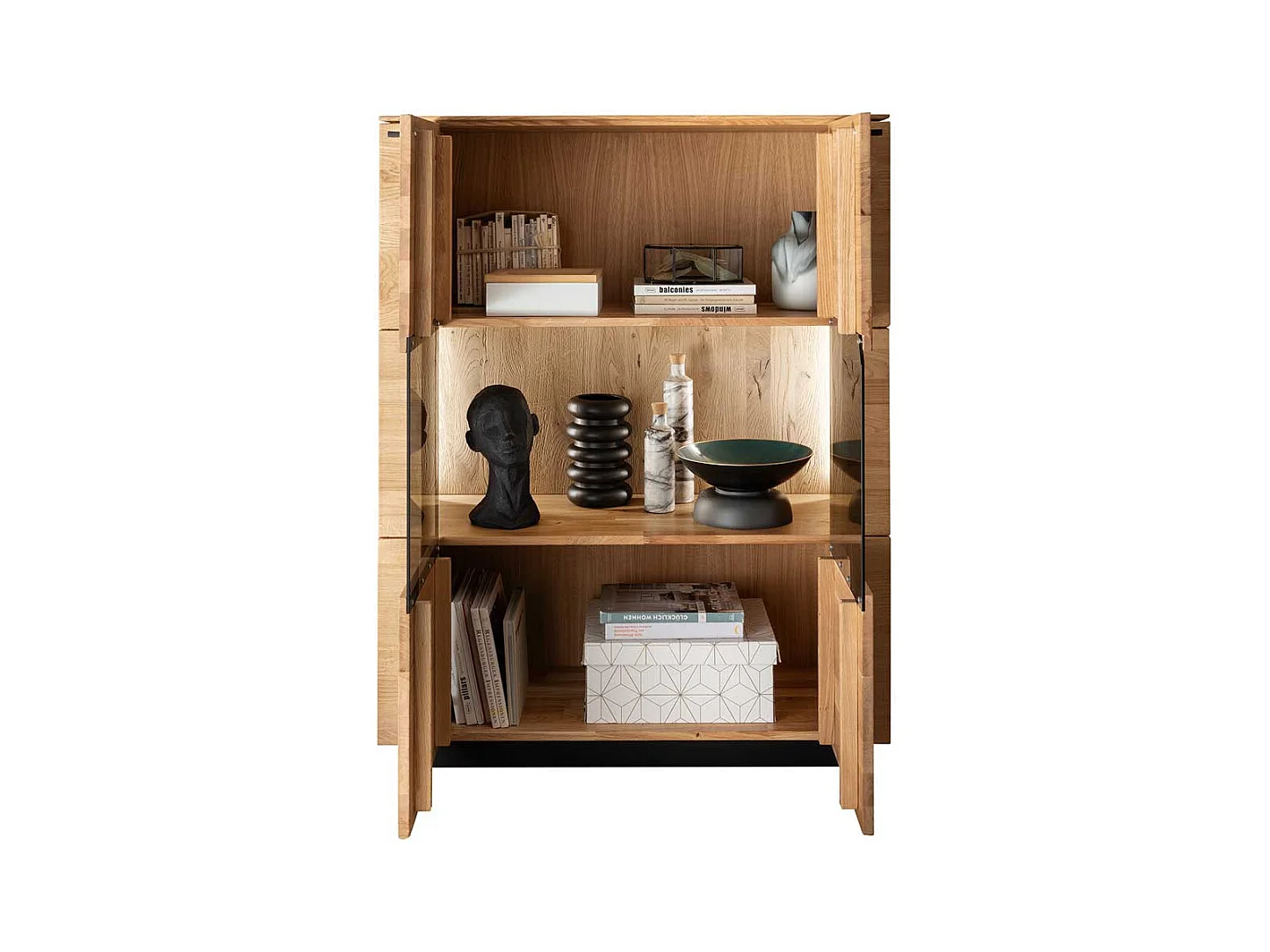 Highboard Vitrine aus Wildeiche Massivholz geölt LED Beleuchtung