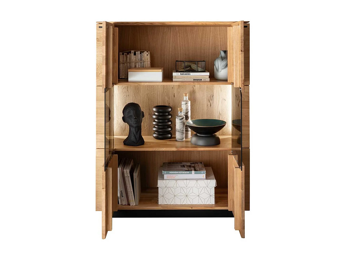 Highboard Vitrine aus Wildeiche Massivholz geölt LED Beleuchtung