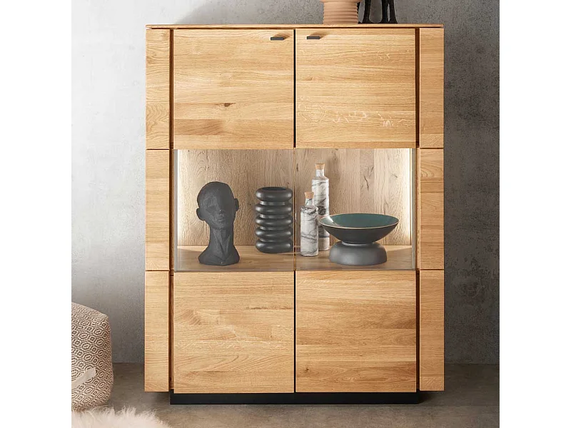 Highboard Vitrine aus Wildeiche Massivholz geölt LED Beleuchtung