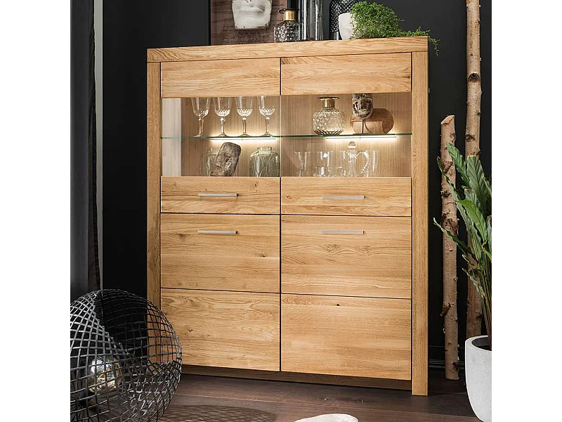 Highboard Vitrine 2 Glastüren Wildeiche Massivholz