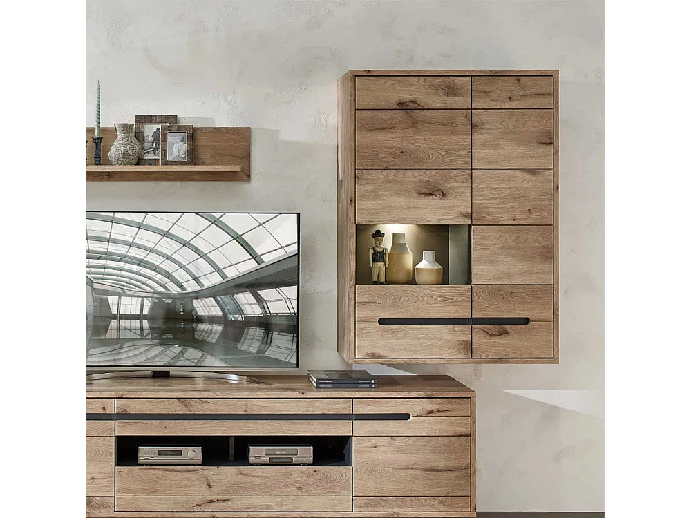 Wand Vitrine Wohnzimmer in Wildeichefarben LED Beleuchtung