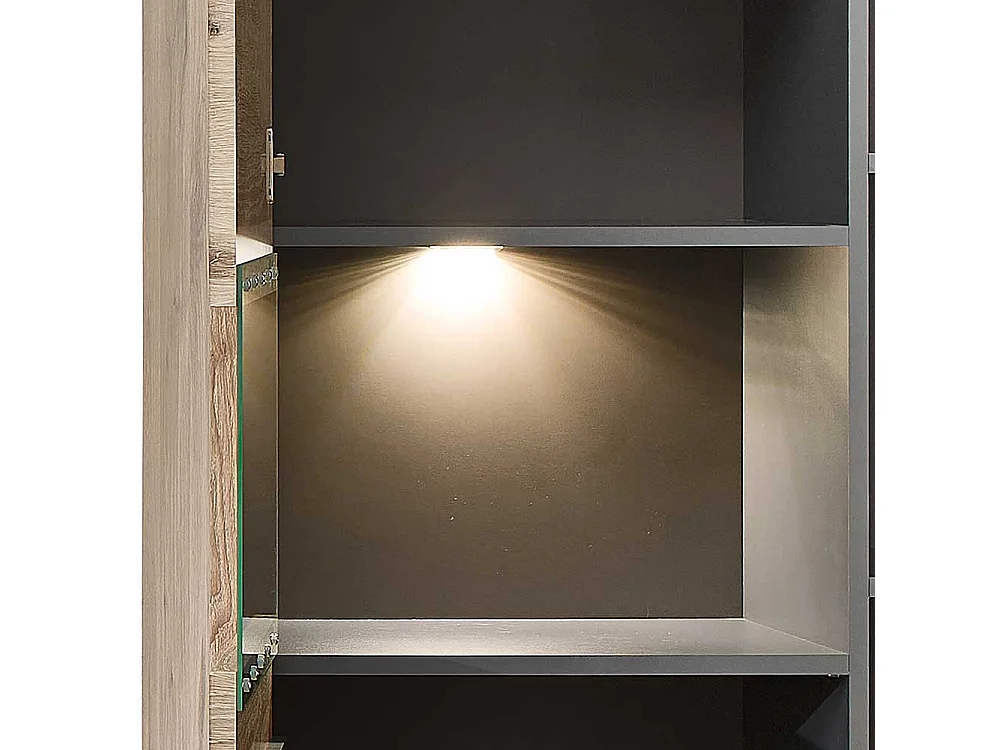 Wand Vitrine Wohnzimmer in Wildeichefarben LED Beleuchtung