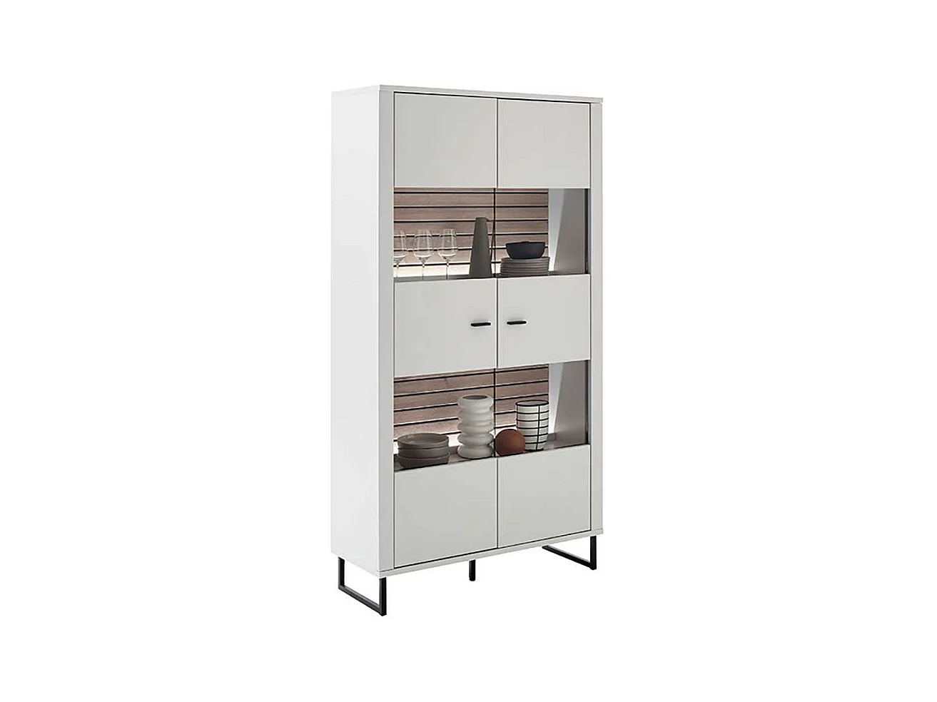Vitrinenschrank weiß modern Rückwand Wildeiche Holzoptik 185 cm hoch