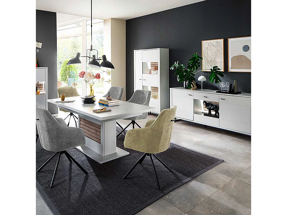 Vitrinenschrank weiß modern Rückwand Wildeiche Holzoptik 185 cm hoch