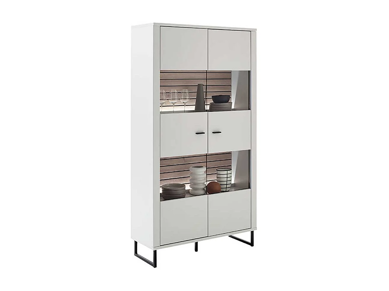 Vitrinenschrank weiß modern Rückwand Wildeiche Holzoptik 185 cm hoch