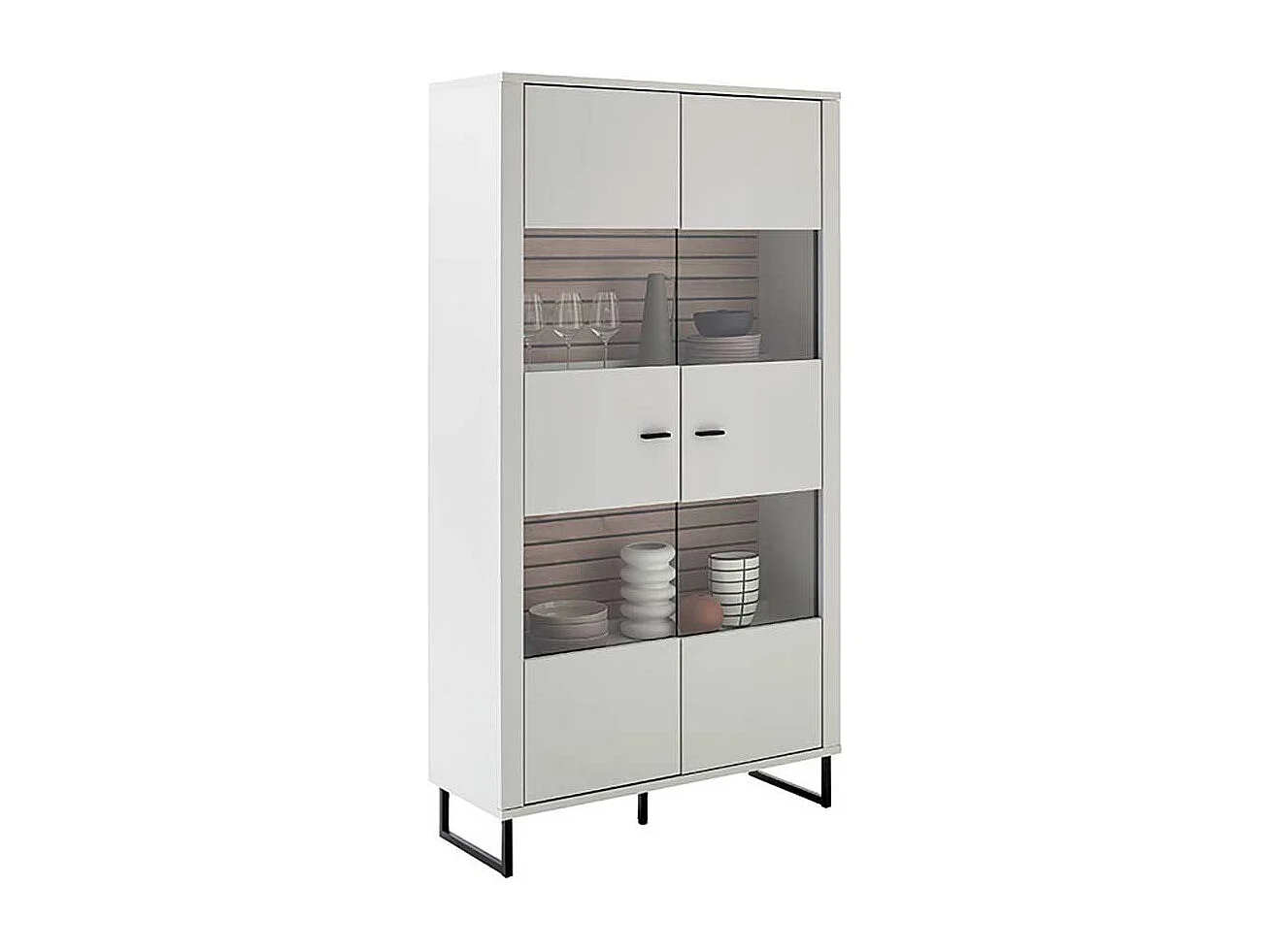 Vitrinenschrank weiß modern Rückwand Wildeiche Holzoptik 185 cm hoch