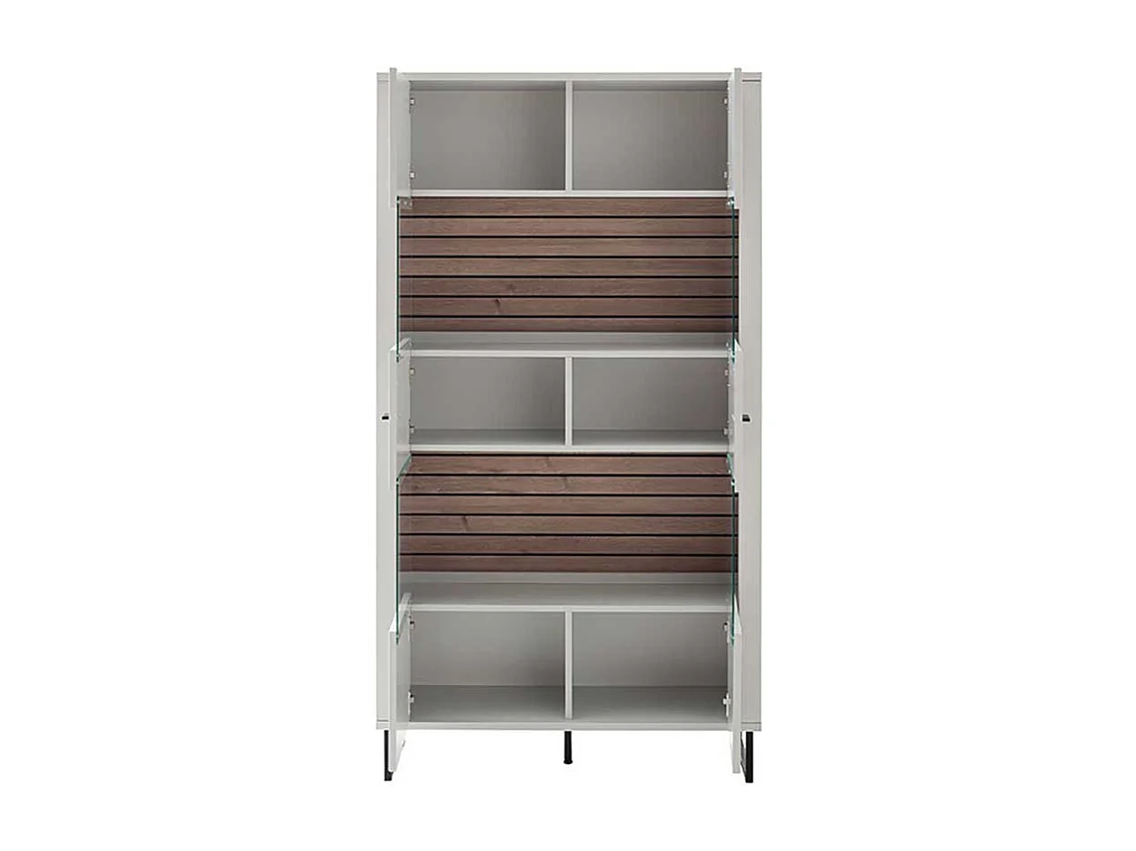 Vitrinenschrank weiß modern Rückwand Wildeiche Holzoptik 185 cm hoch