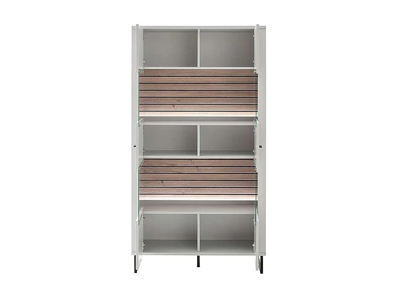 Vitrinenschrank weiß modern Rückwand Wildeiche Holzoptik 185 cm hoch