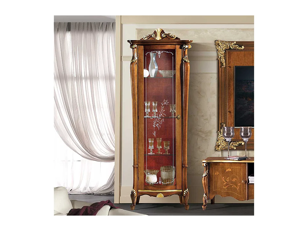 Vitrinenschrank in Nussbaumfarben und Dunkelrot 70 cm breit