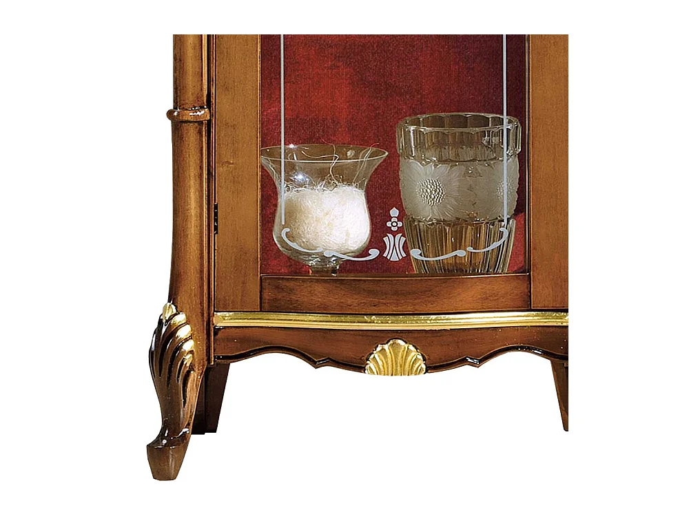 Vitrinenschrank in Nussbaumfarben und Dunkelrot 70 cm breit