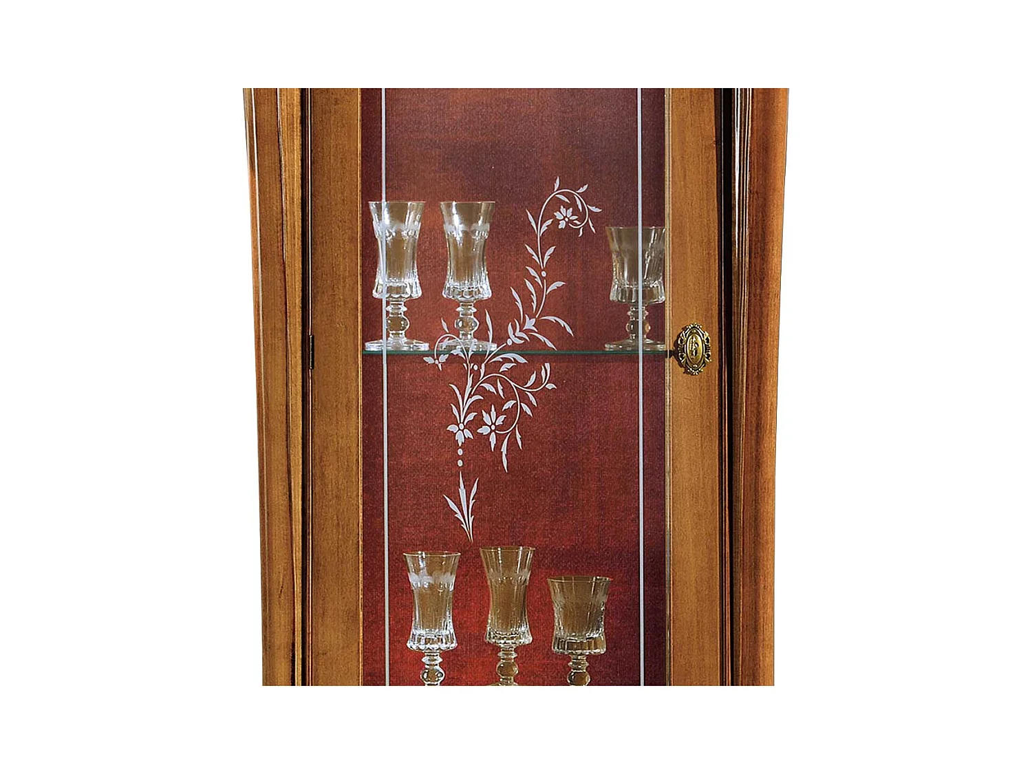 Vitrinenschrank in Nussbaumfarben und Dunkelrot 70 cm breit