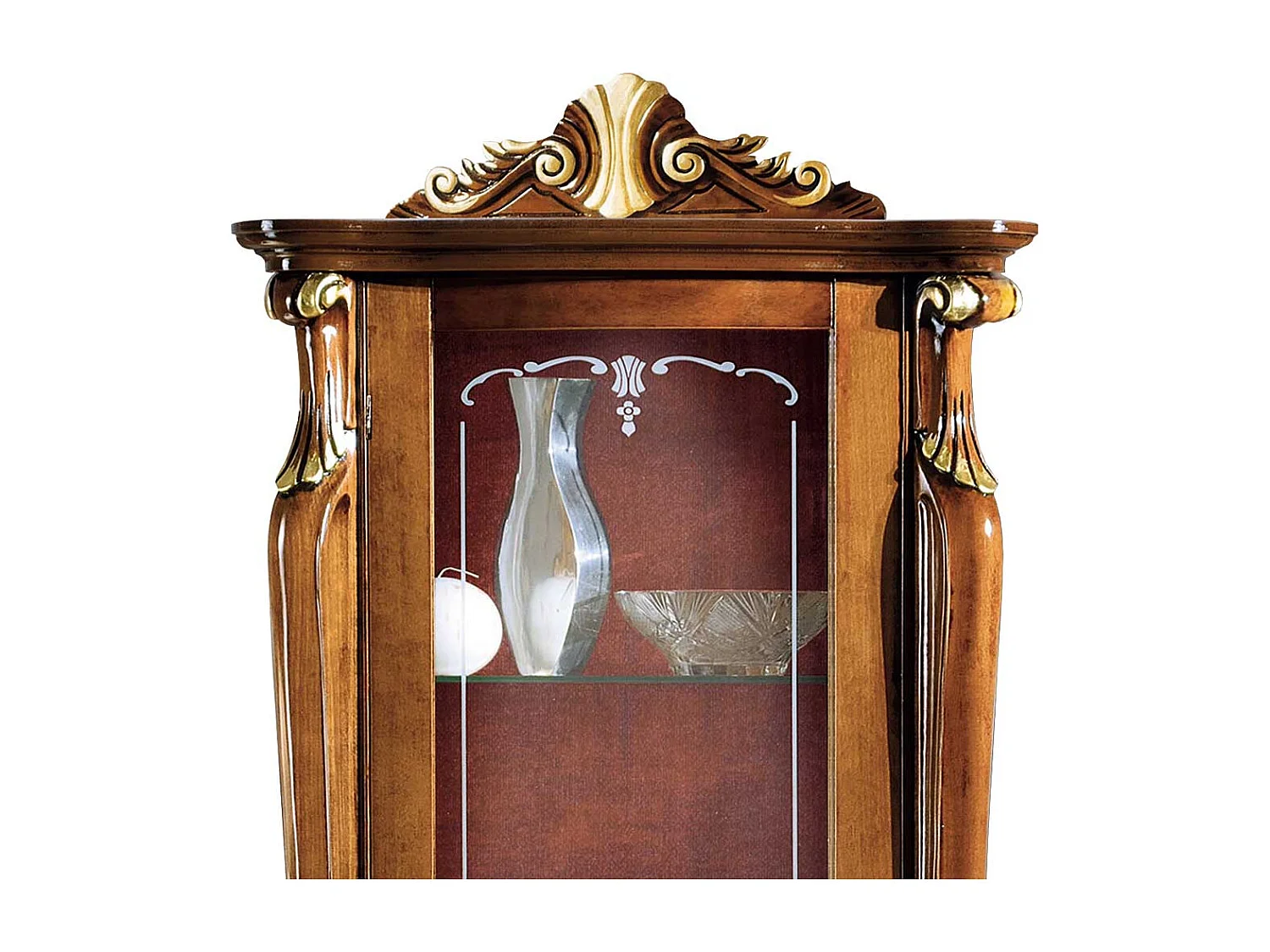 Vitrinenschrank in Nussbaumfarben und Dunkelrot 70 cm breit