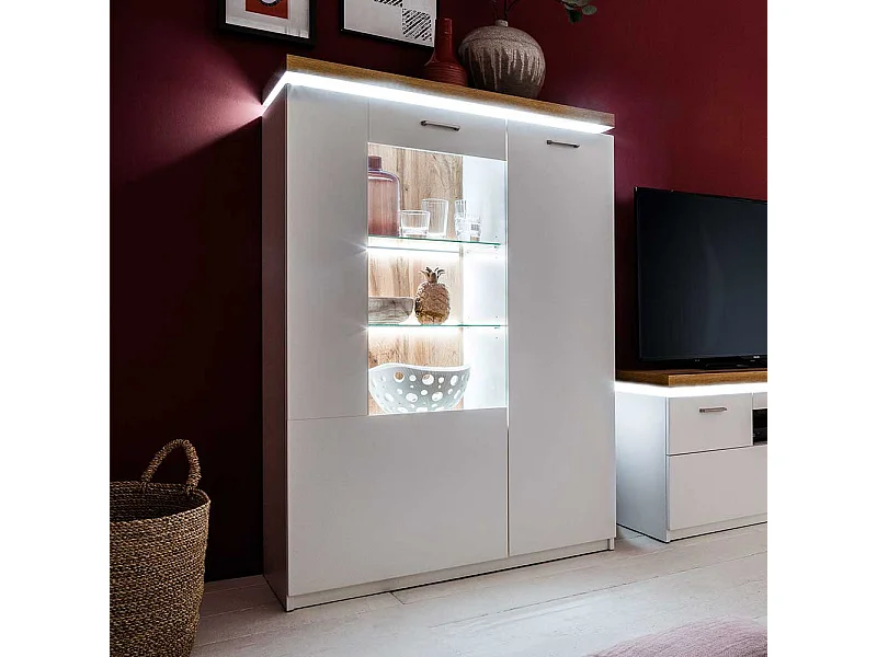 Highboard Vitrine in Weiß und Wildeiche Optik LED Beleuchtung