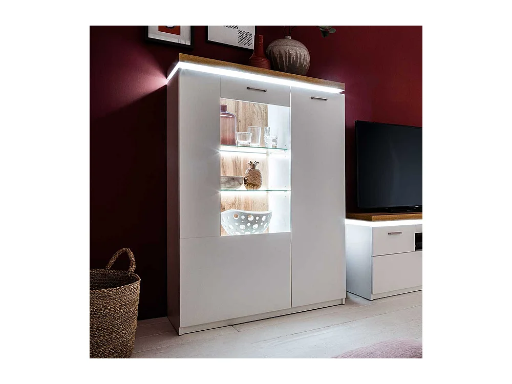 Highboard Vitrine in Weiß und Wildeiche Optik LED Beleuchtung