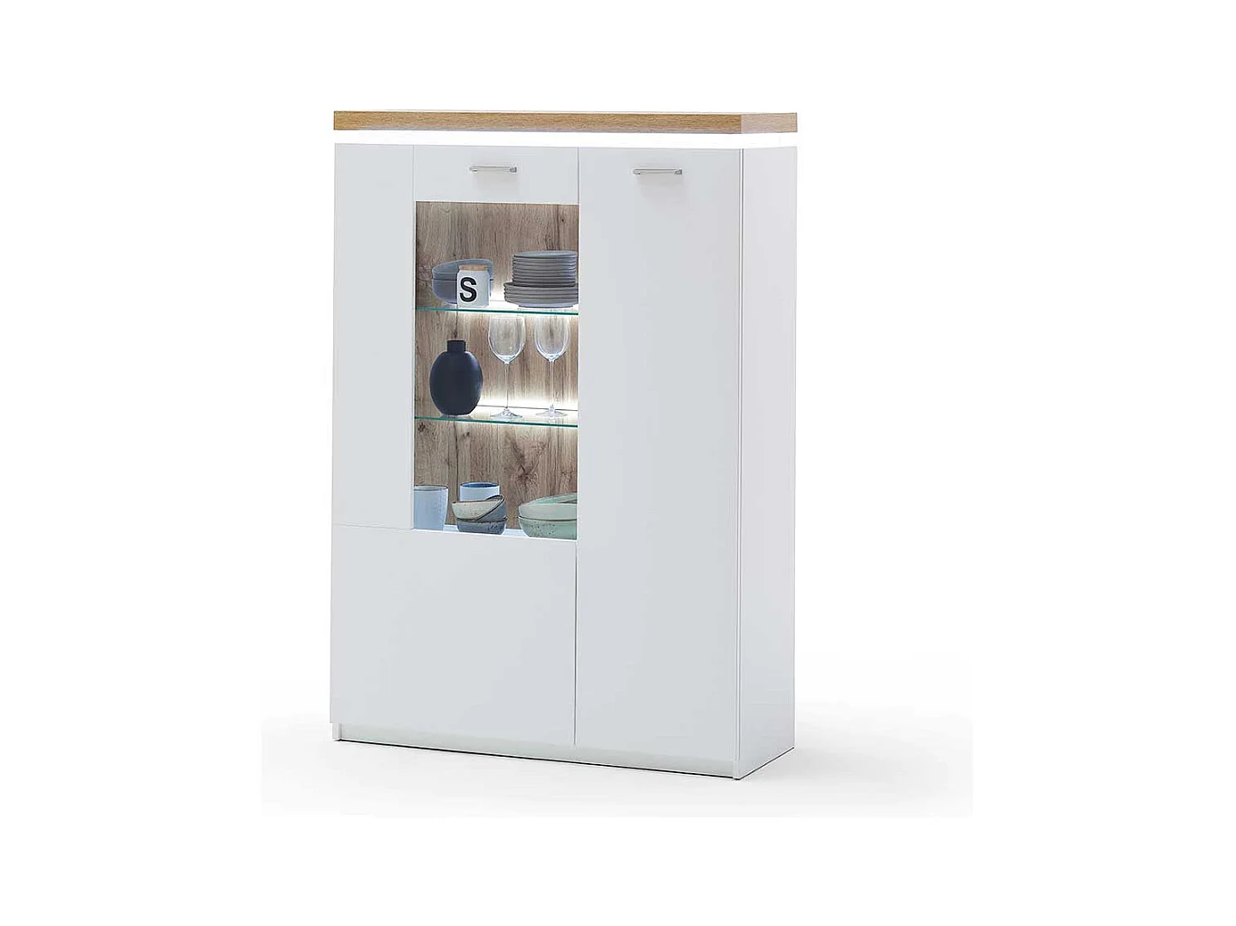 Highboard Vitrine in Weiß und Wildeiche Optik LED Beleuchtung