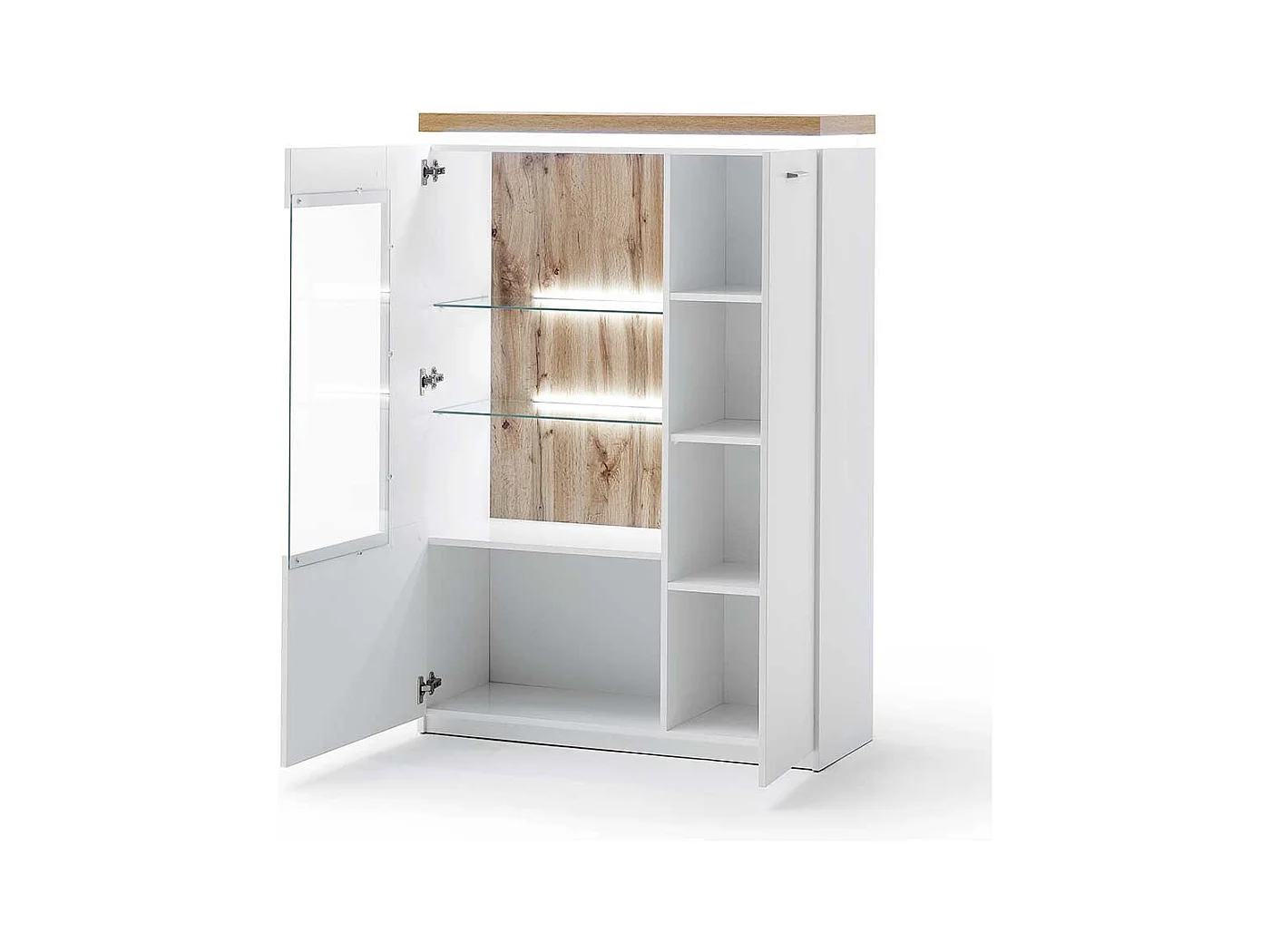 Highboard Vitrine in Weiß und Wildeiche Optik LED Beleuchtung