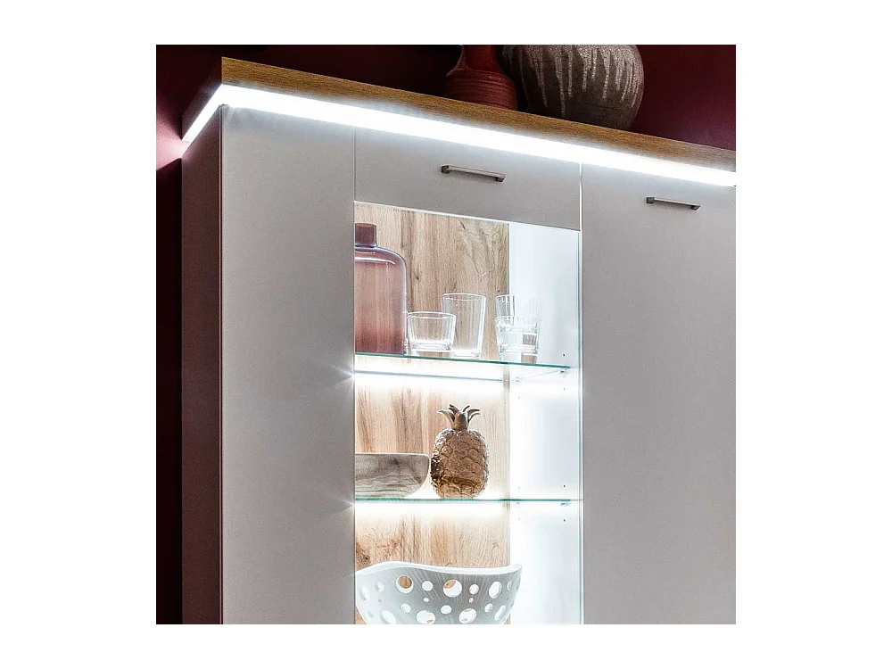 Highboard Vitrine in Weiß und Wildeiche Optik LED Beleuchtung