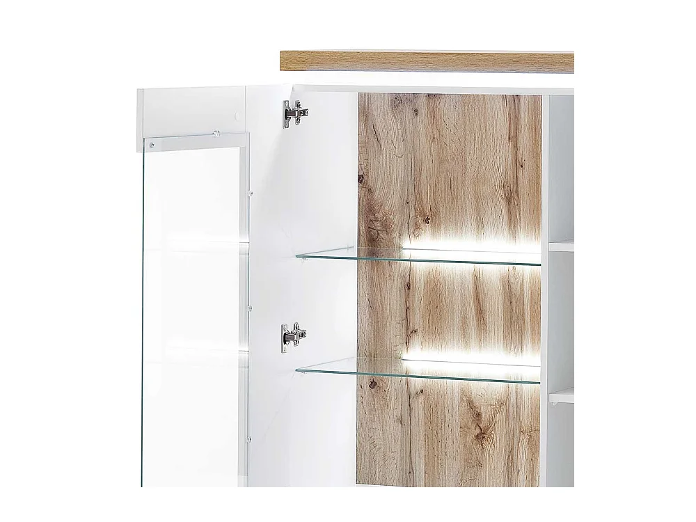 Highboard Vitrine in Weiß und Wildeiche Optik LED Beleuchtung