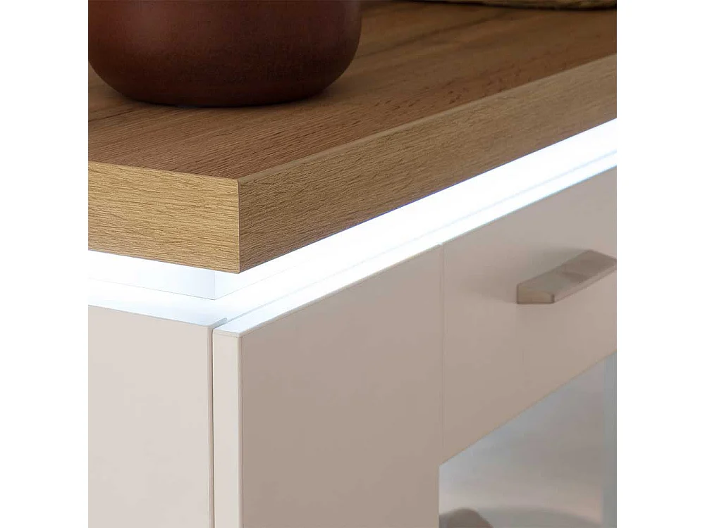 Highboard Vitrine in Weiß und Wildeiche Optik LED Beleuchtung