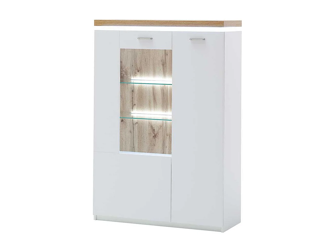 Highboard Vitrine in Weiß und Wildeiche Optik LED Beleuchtung