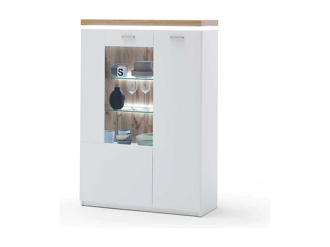Highboard Vitrine in Weiß und Wildeiche Optik LED Beleuchtung