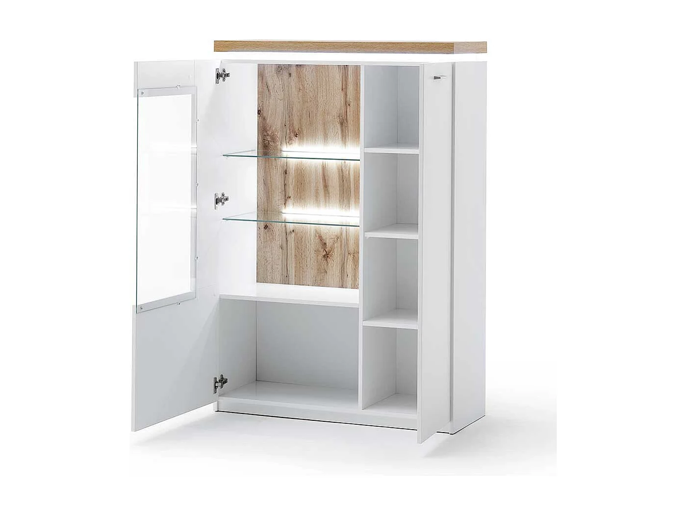 Highboard Vitrine in Weiß und Wildeiche Optik LED Beleuchtung