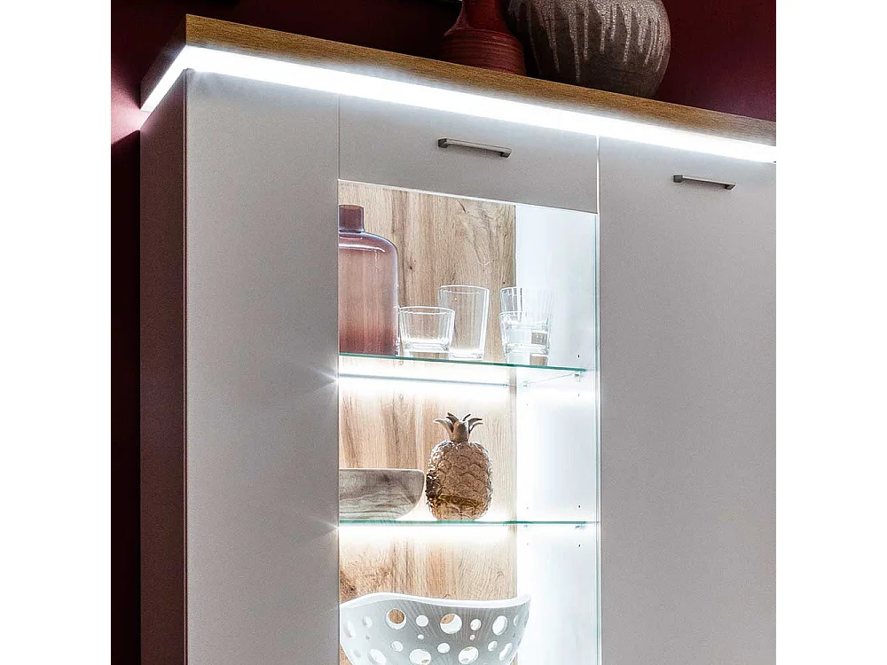 Highboard Vitrine in Weiß und Wildeiche Optik LED Beleuchtung