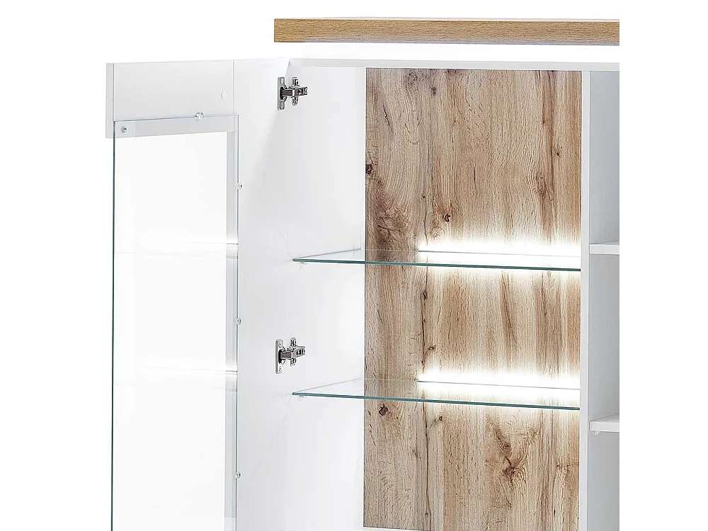 Highboard Vitrine in Weiß und Wildeiche Optik LED Beleuchtung