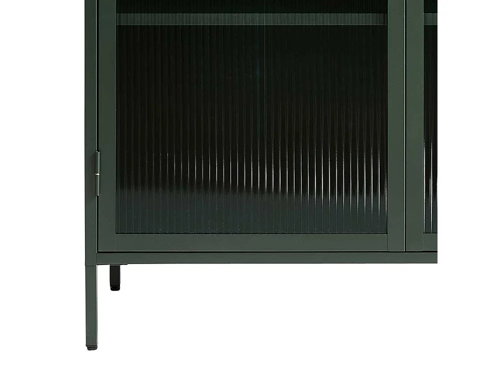 Vitrine Grün mit Rippenglas Türen Metall Oberfläche pulverbeschichtet