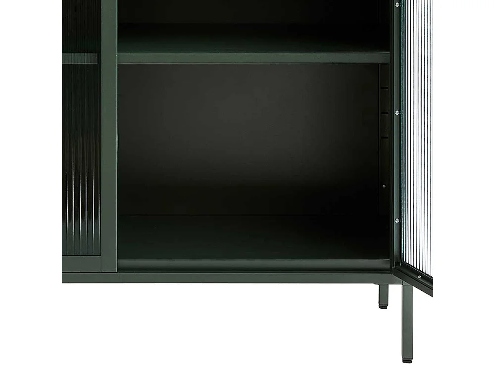 Vitrine Grün mit Rippenglas Türen Metall Oberfläche pulverbeschichtet