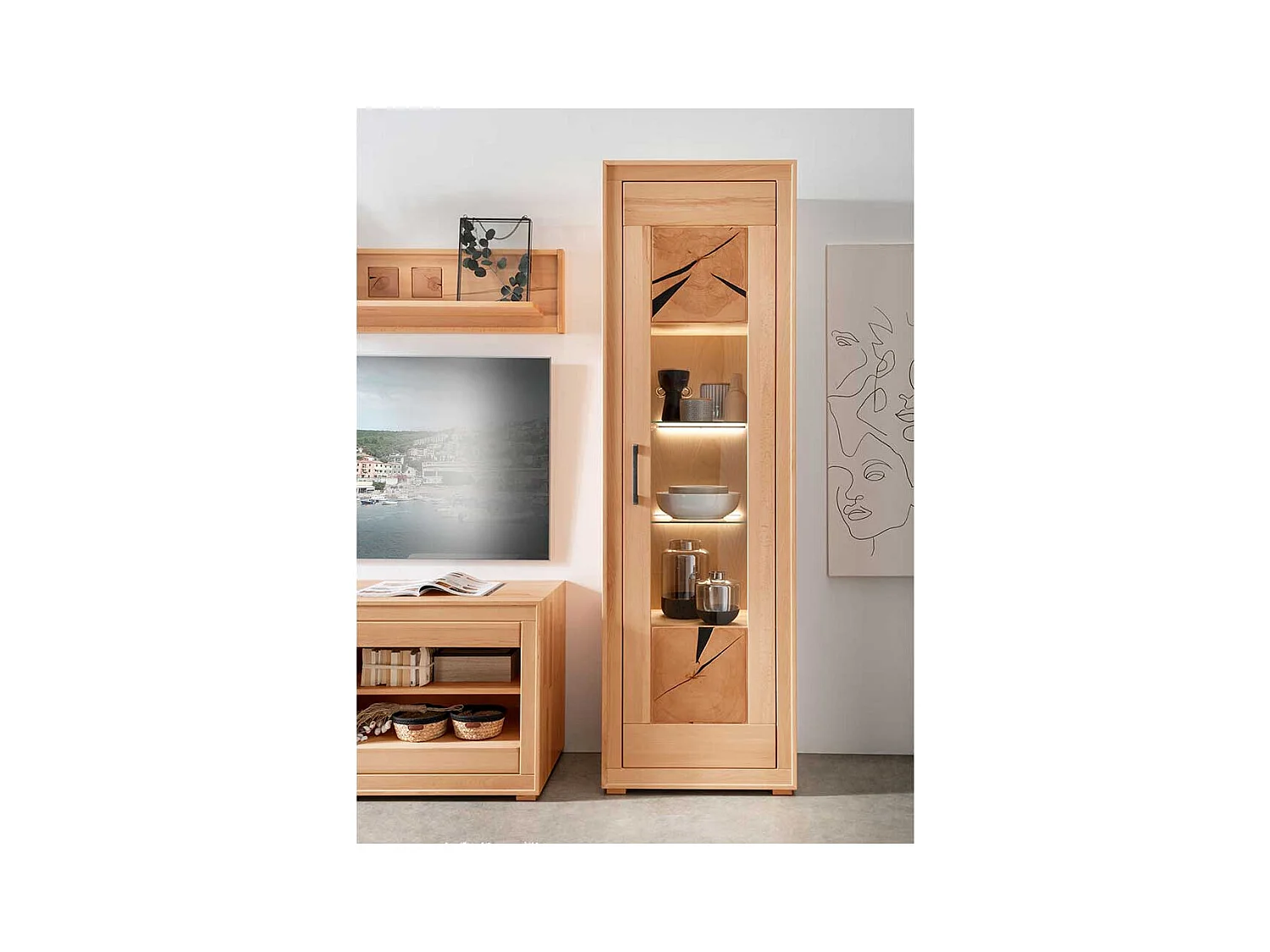 Wohnzimmer Vitrine massiv Kernbuche mit Hirnholz 201 cm hoch