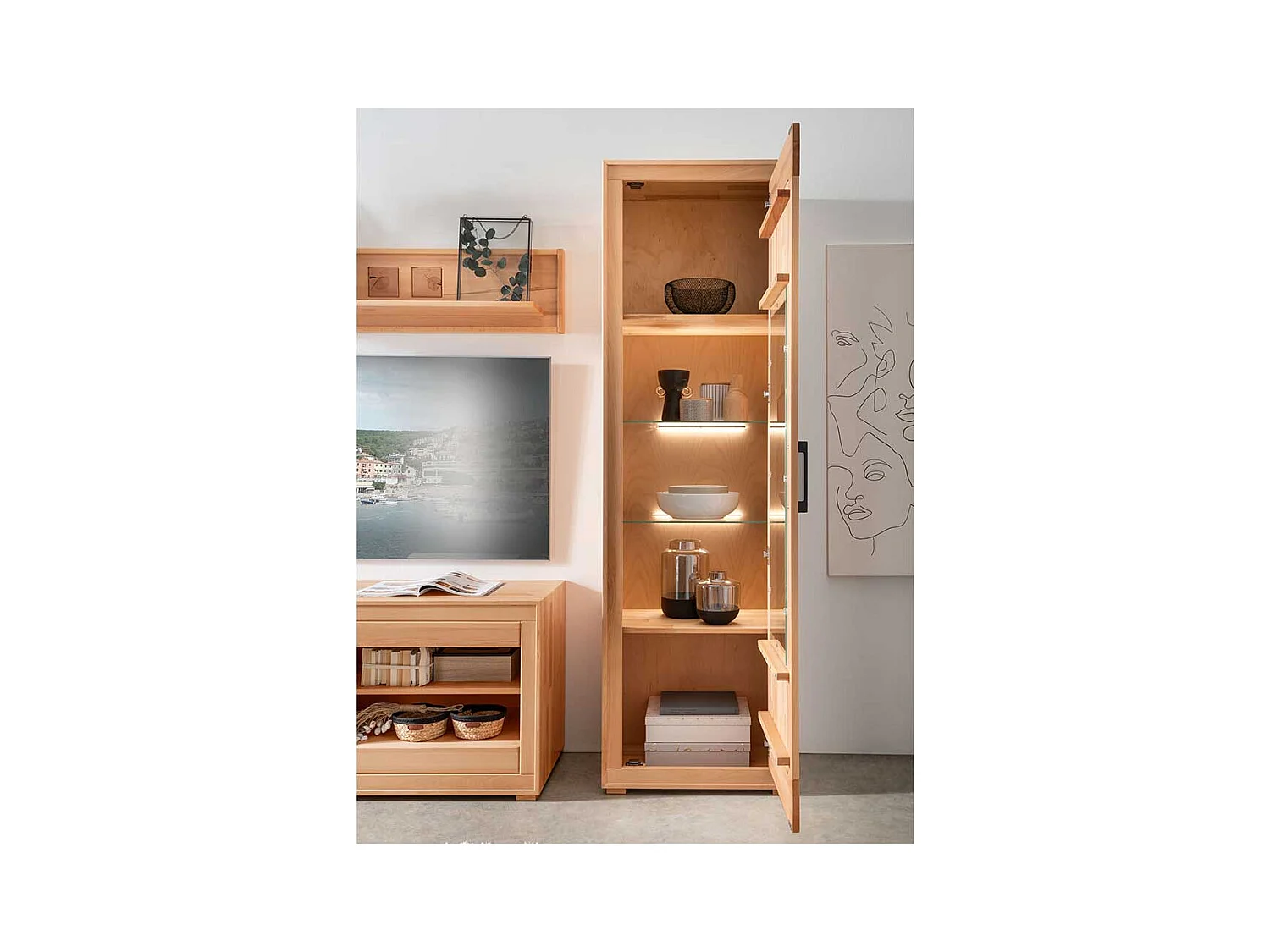Wohnzimmer Vitrine massiv Kernbuche mit Hirnholz 201 cm hoch