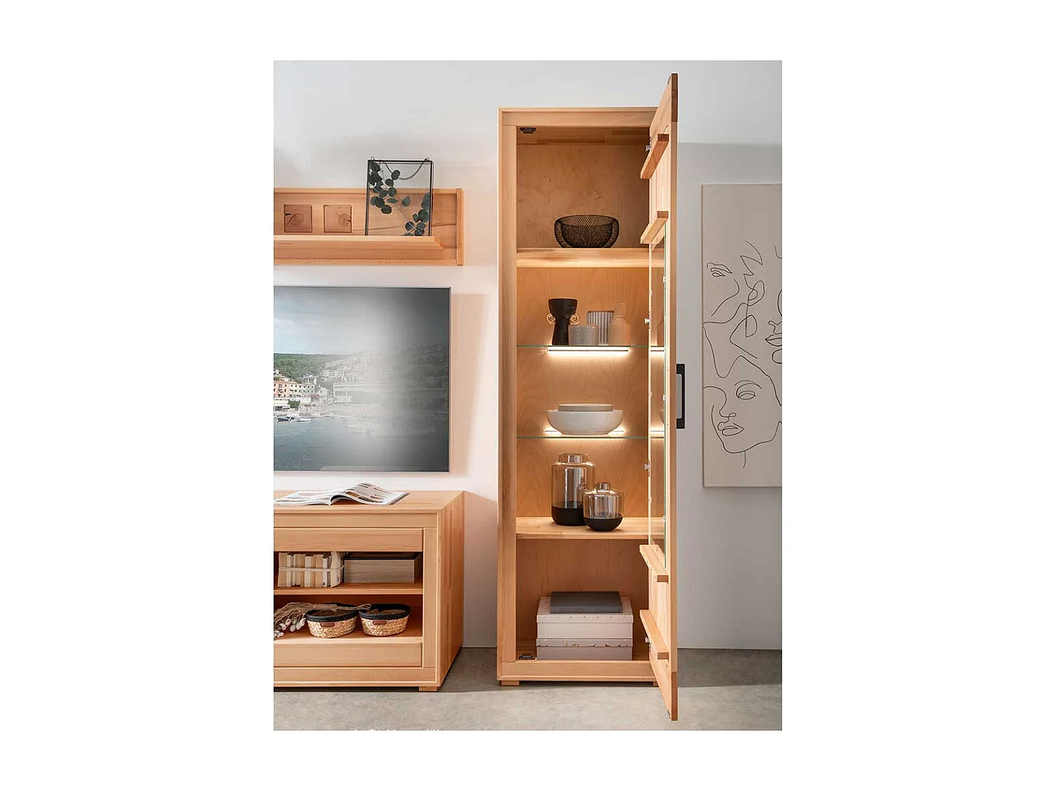 Wohnzimmer Vitrine massiv Kernbuche mit Hirnholz 201 cm hoch