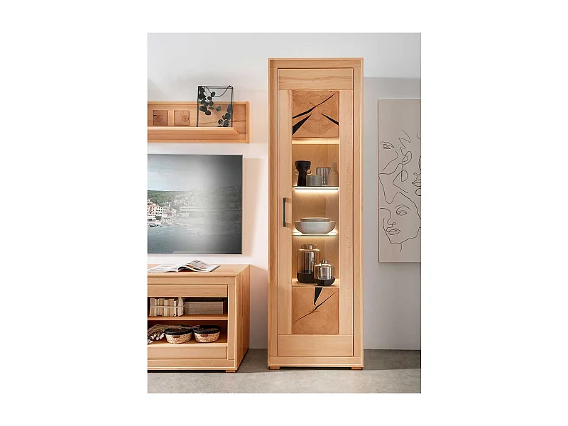 Wohnzimmer Vitrine massiv Kernbuche mit Hirnholz 201 cm hoch