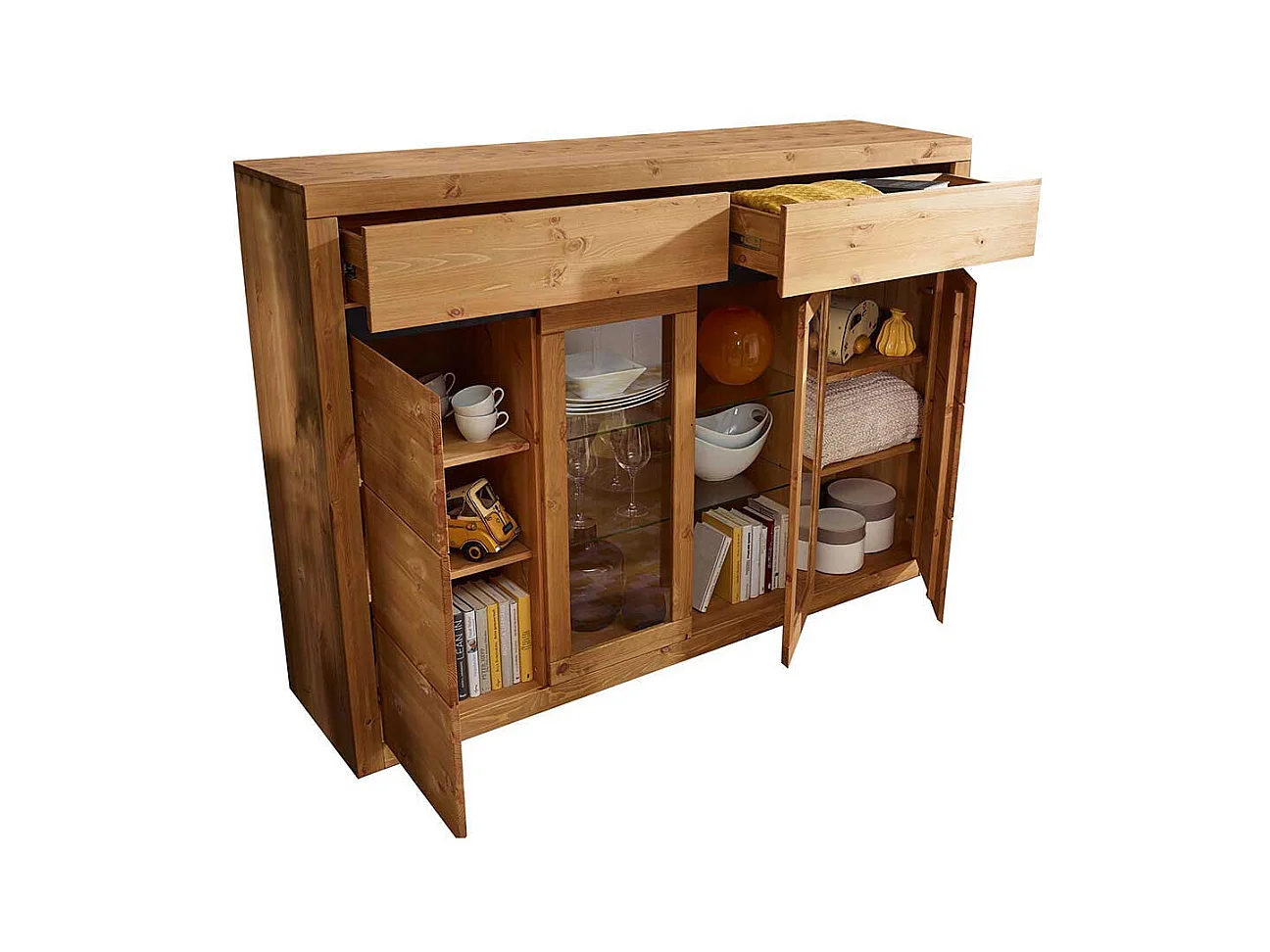 Wohnzimmer Highboard Vitrine in Eichefarben Kiefer Massivholz